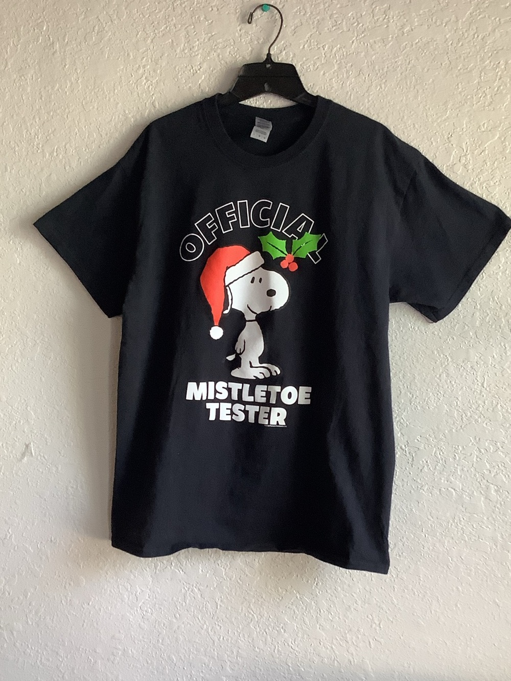 Gildan Black Snoopy 'Mistletoe Tester' Graphic Tee with Red Hat